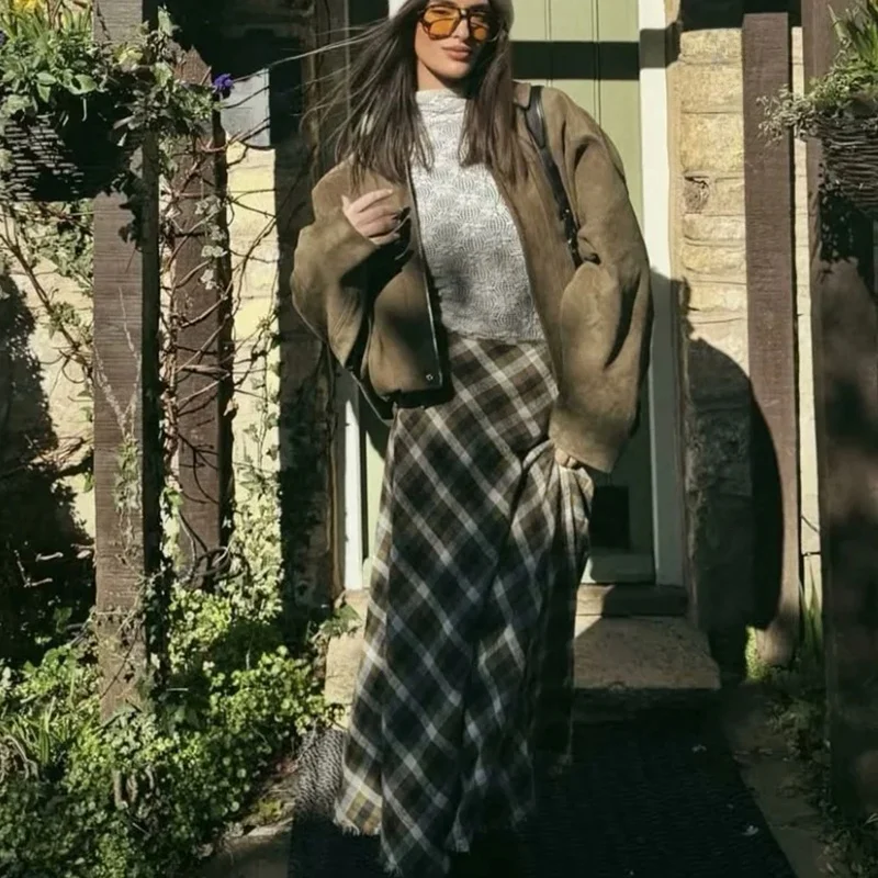 Blouson aviateur plissé en faux daim pour femme, col décoratif, manches longues, fermeture boutonnée, coupe courte, collection printemps