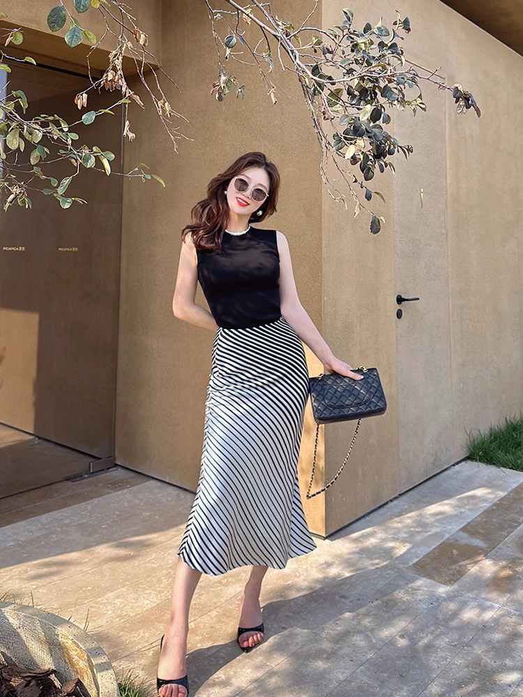 

Yang Xiao Jing Women's Wool Knitted Top And Silk f Skirt Two-Piece Set Casual Ele Spring Summer Faion Ensemble