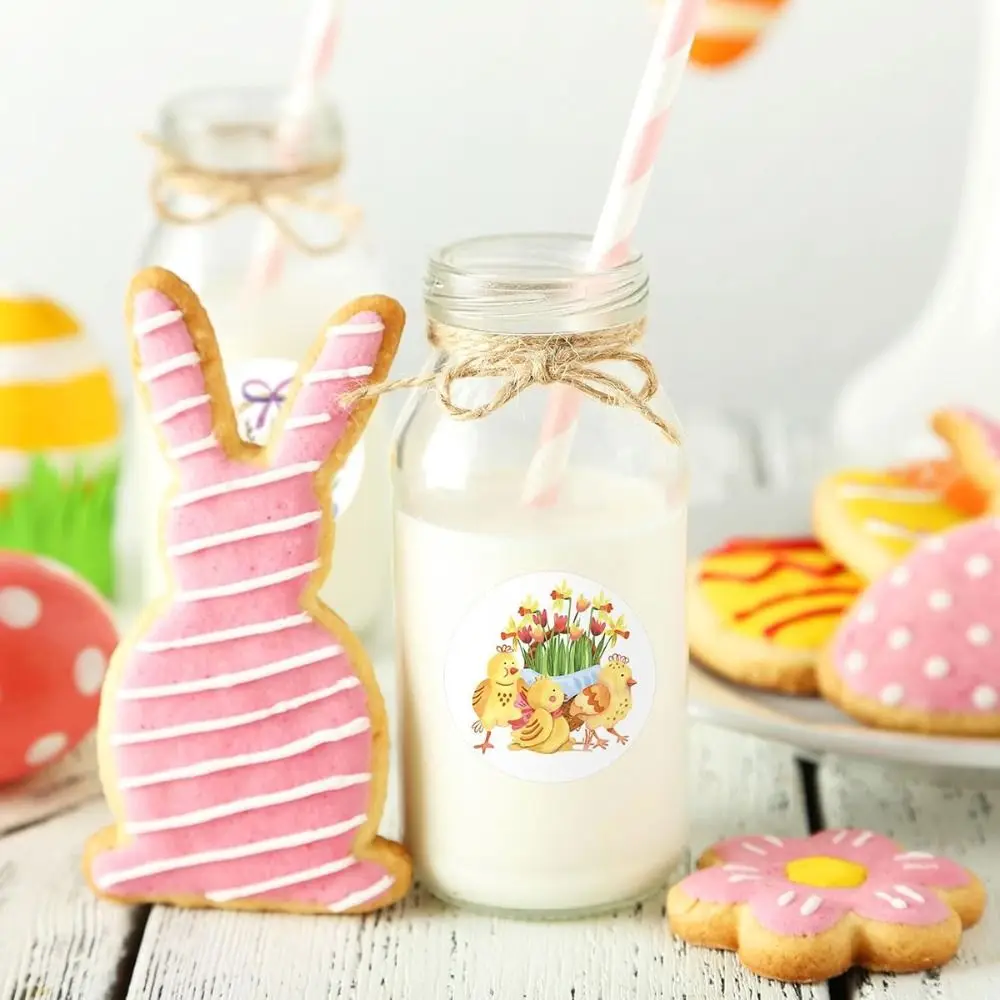 

Happy Easter Golden Paper Easter Stickers Round Shape Cartoon Design Egg Stickers Self Adhesive Paper Stickers Party Supplies