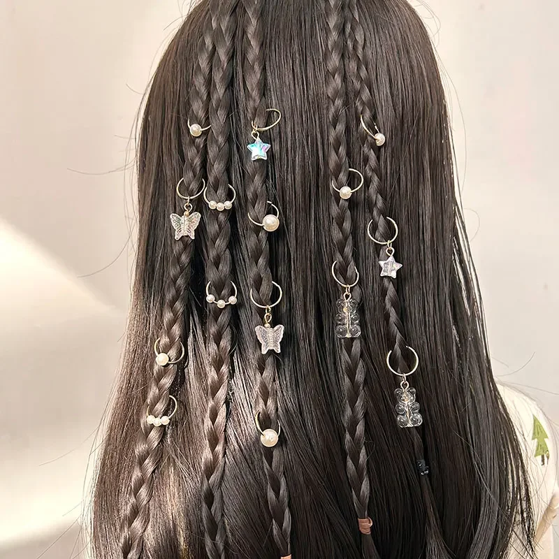 14Pcs Charms Dirty Braids Bead Dreadlocks Hair Rings Cute Bear Pearl Clip Hair Braids  Hairpin Headwear Women Hair Accessories