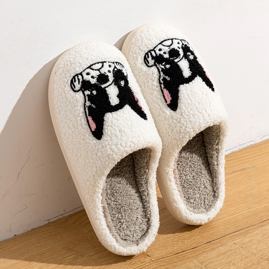 Winter Slippers Women Indoor Cute Cartoon French Bulldog Funny Soft Sole Fashion Concise Fuzzy Comfort Lightweight Cotton Shoes