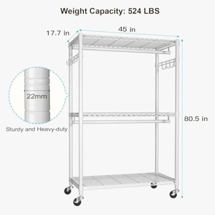 رف ملابس دوار P1 Plus بإطار عالي التحمل بقطر 22 مم وعجلات للاستخدام المنزلي وخزانة ملابس محمولة مع خزانة ملابس مزدوجة R