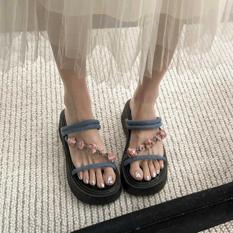 Versatile Thick-Heeled Sandals Summer Autumn Wear Outerwear Beach Shoes Two-Way Wear Flat Sandals round Toe