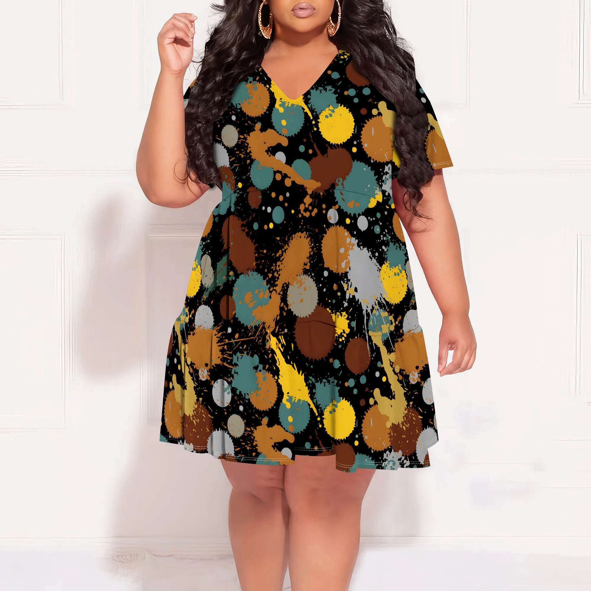 

Plus Size Pullover Sexy Short Sleeve V Neck Loose Dress for Women Fashion LeopardPrinted Summer Casual Mini Dresses