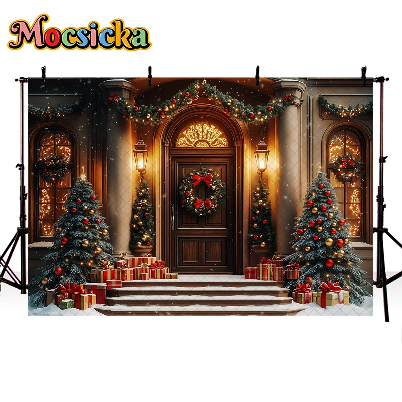 Mocsicka Christmas Backdrop Photography Wooden Door Winter Glitter Xmas Tree Decor Holiday Party Kids Portrait Photo Background