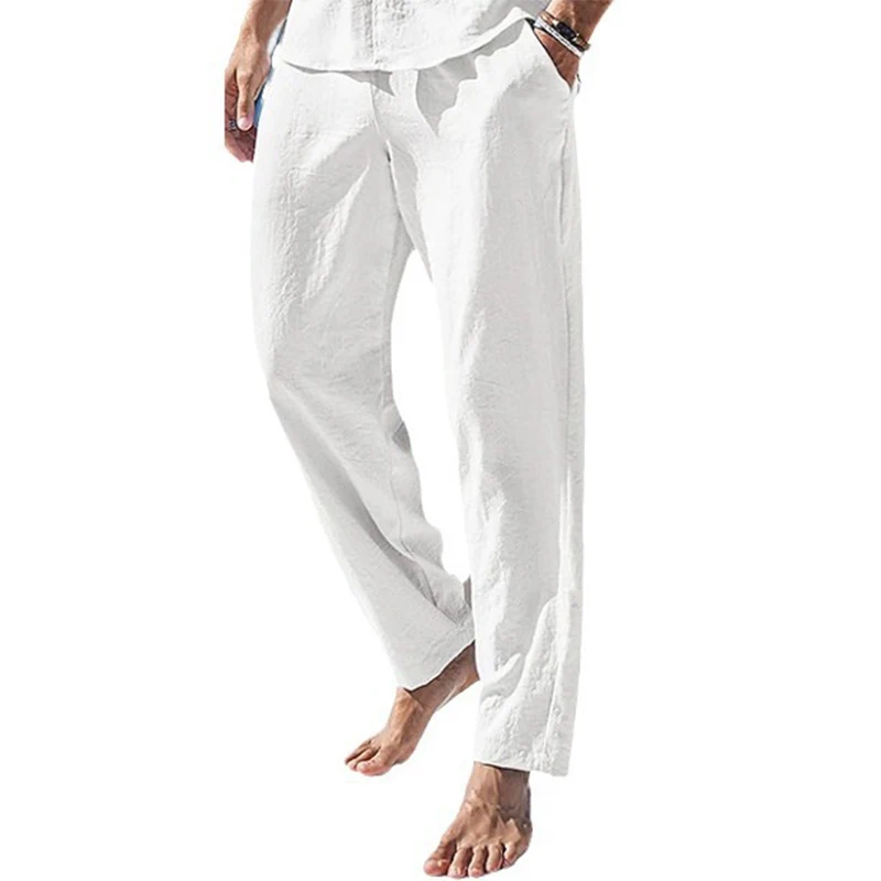 ฤดูร้อนชายหาดชายทะเลสบายๆกางเกงผู้ชายวินเทจสีทึบหลวมตรงกางเกงผ้าลินิน Mens Leisure Breathable กางเกงผ้าลินิน
