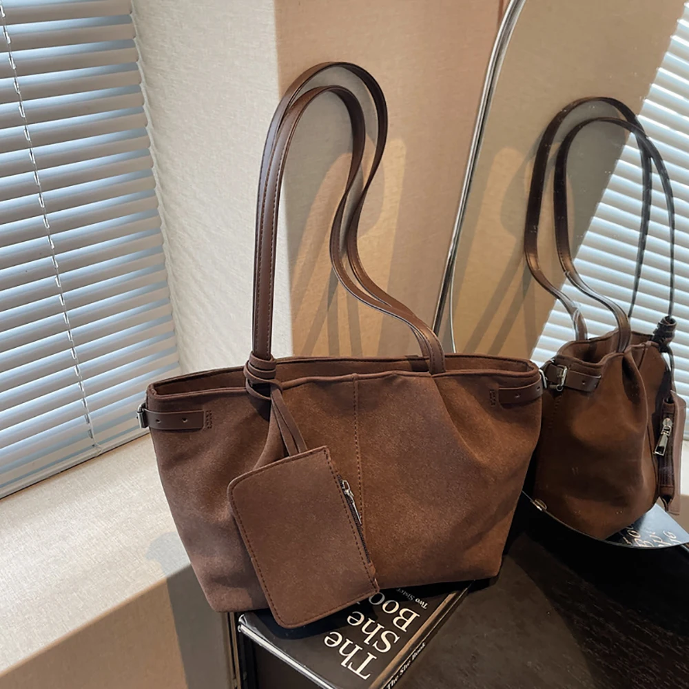 

Frosted Vintage Large Capacity Tote Bags Women's Autumn Winter Solid Color Zipper Soft One Shoulder Bag Shopping Commute Handbag