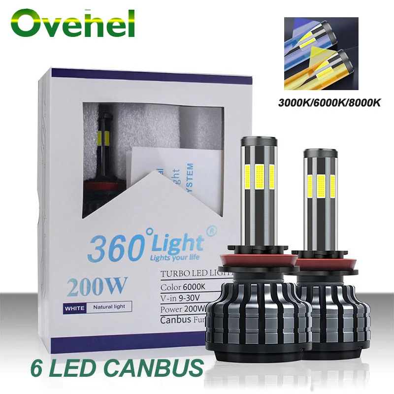 OVEHEL Car Light 6 Side 200W 26000LM H8 H3 H7 H9 9006/HB4 9005/HB3 H4 H11 H1 H13 Led Headlight Bulb Super Bright Car Light 12V