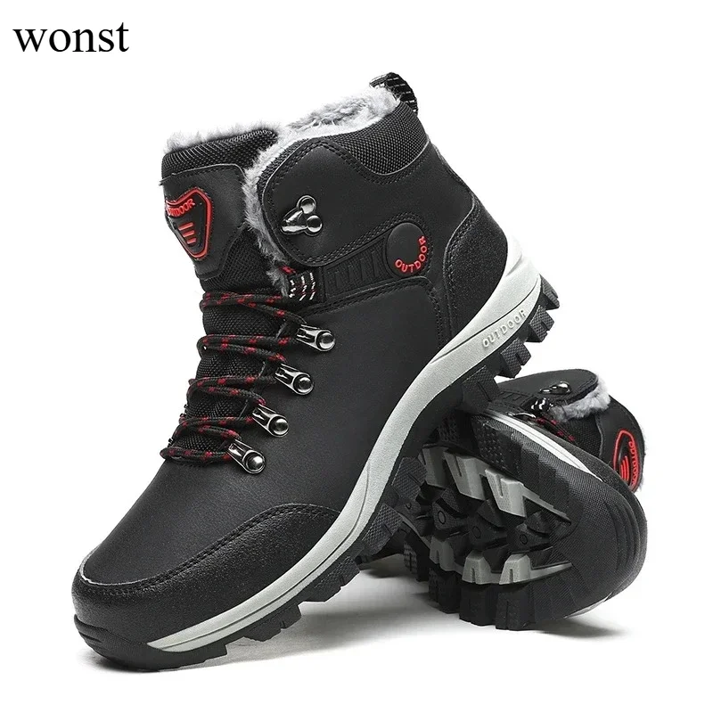 

Мужские зимние ботинки на меху, теплые, нескользящие, мужская рабочая повседневная обувь, водонепроницаемые кожаные кроссовки, высокие ботильоны, большие размеры