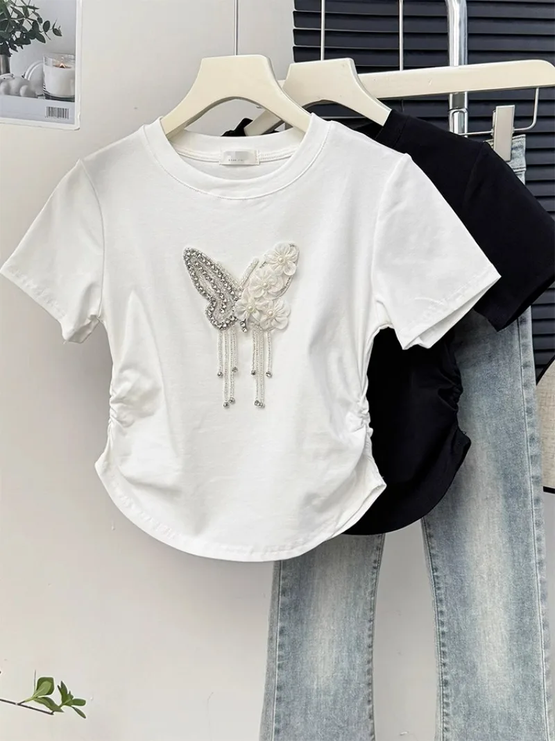 

O Neck Butterfly Summer Women T-shirts Pleated Slim Flower Diamonds Chic Tees Y2k Aesthetic Streetwear American Style Crop Top