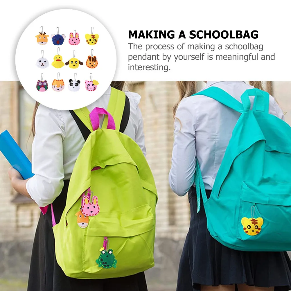 Kit de 12 Peças de Pingentes em Forma de Animais para DIY, Ornamento para Mochila, Decoração de Bolsa em Tecido Não Tecido, Artesanato Educacional para Crianças