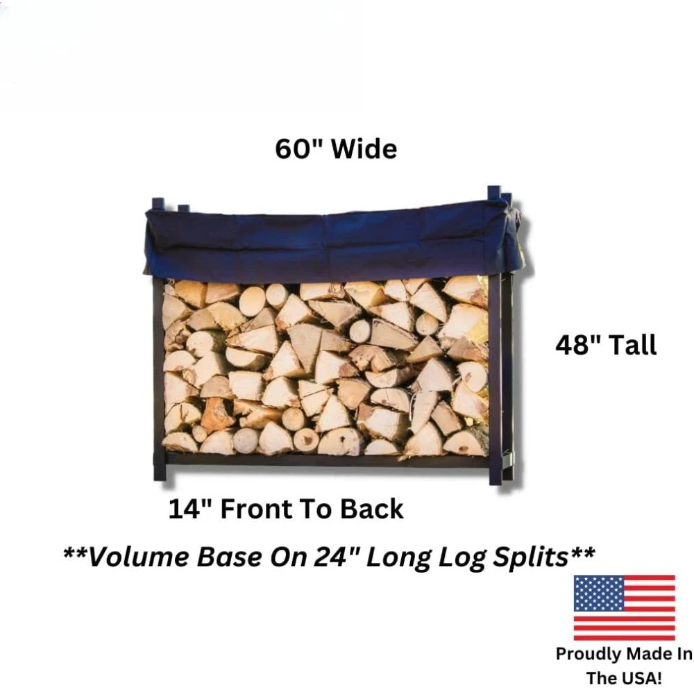 5 Foot Black - Made in the USA - 1/4 Cord Plus Firewood Storage Log Rack With Seasoning Cover Combo Set