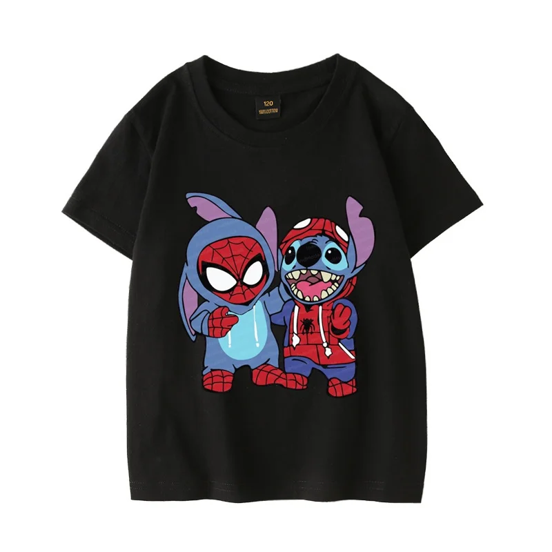 Camiseta de dibujos animados de Disney Stitch para niños, ropa cómoda y versátil de verano, 100% algodón, bonita e interesante, informal