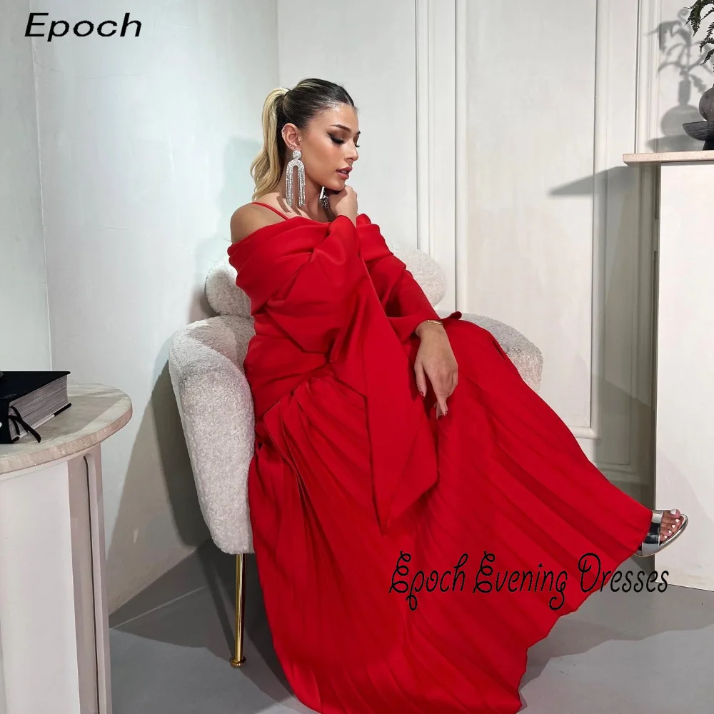 Formal Evening Dress Sexy Women 2024 فساتين السهرة  Elegant Pleat Off The Shoulder Red Long Sleeve Cocktail Party Prom Gown