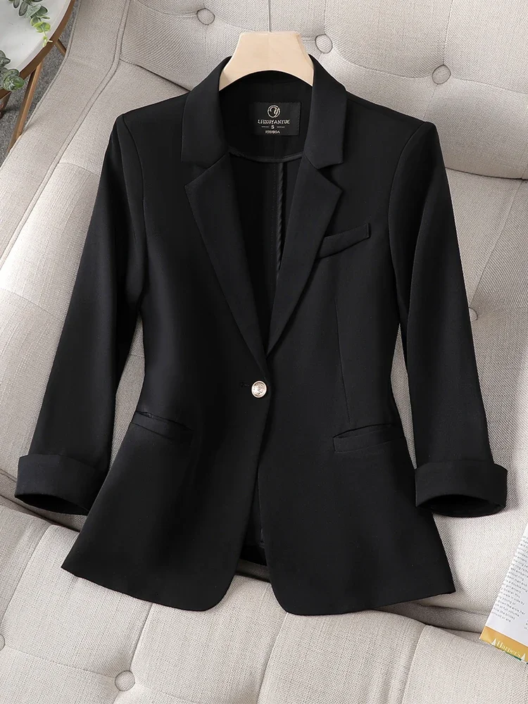 Blazer formel imbibé avec doublure pour femme, veste de bureau pour femme, manteau monochrome pour femme, vêtements d'affaires à manches longues, bleu rose et noir, 3/4