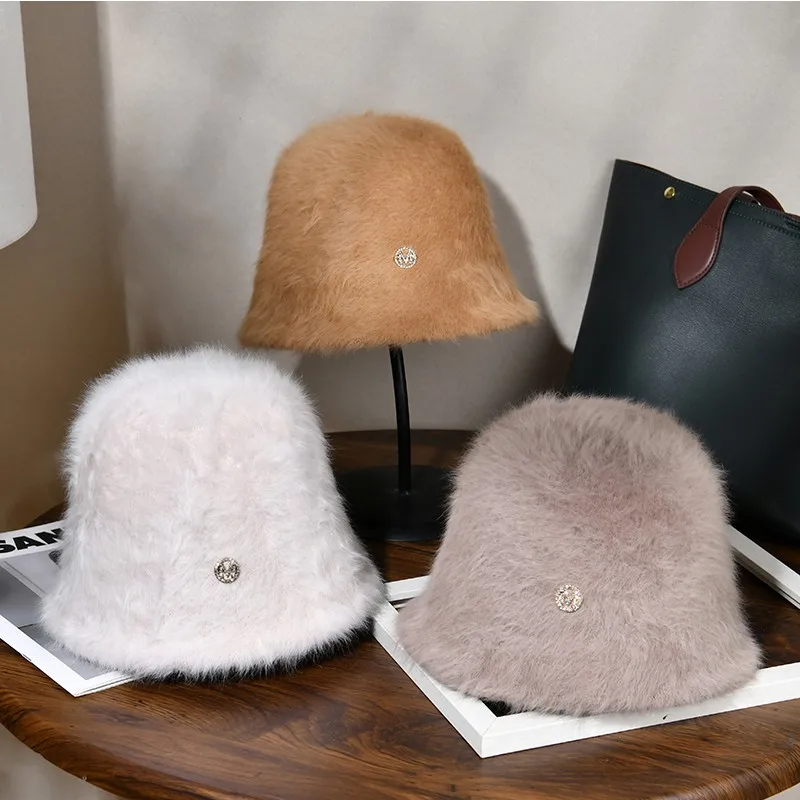 Fashion Designer Letter M Rabbit Fur Bucket Hat Women's Winter Korean Casual Versatile Fluffy Bucket Hat White Warm Basin Hat