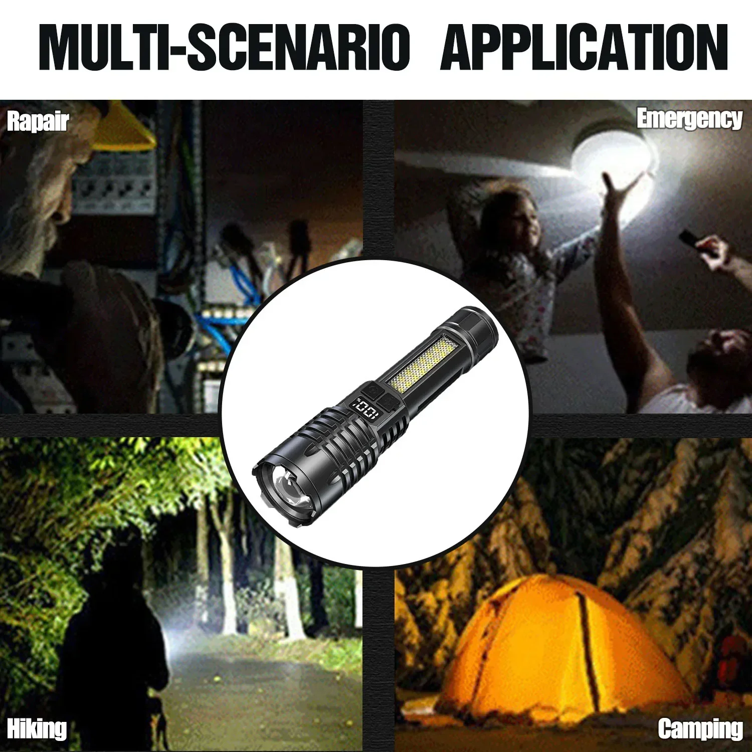 Super Bright LED+COB Flashlight USB Rechargeable 5 Modes LED Flashlights Built-in Battery Powered Waterproof Torch