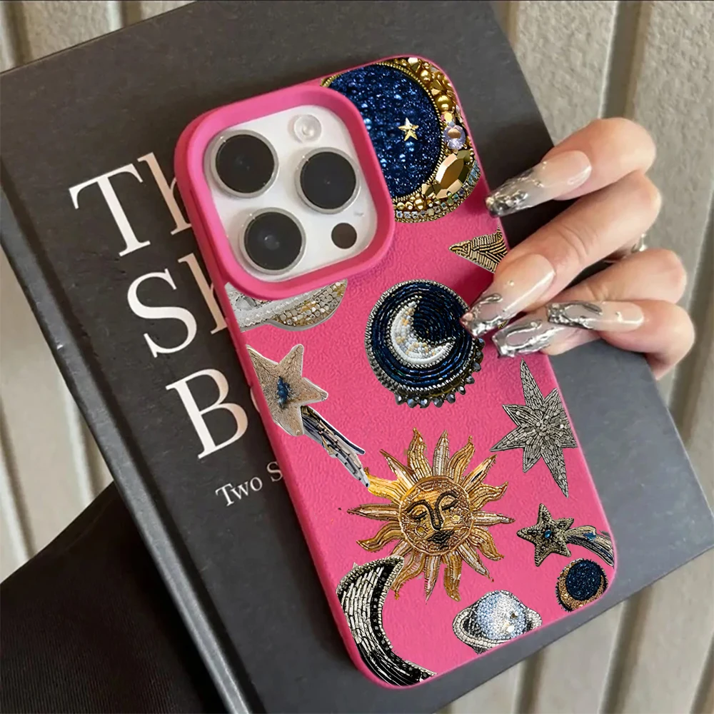 Sun Moon Star Lychee Texture  Case For iPhone 17 16 15 14 13 12 11 Pro Max Boho Celestial Astrology Shockproof Soft TPU Cover view 6