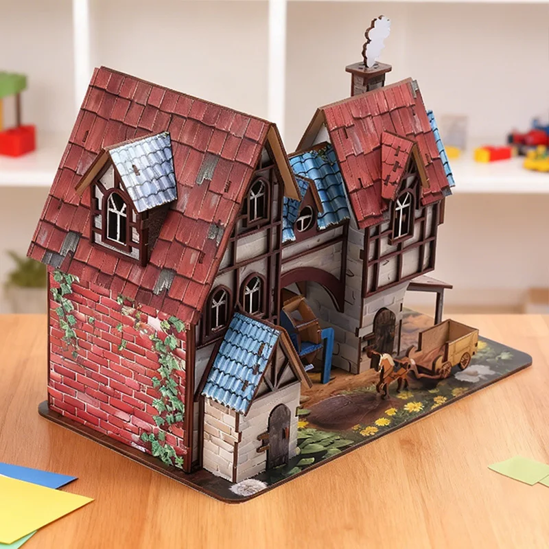 DIY Wooden 3D Puzzle Pastoral Watermill CottageModel,Colorful Spray-Paint Rural FarmhouseBuilding Kit,Montessori Educational toy