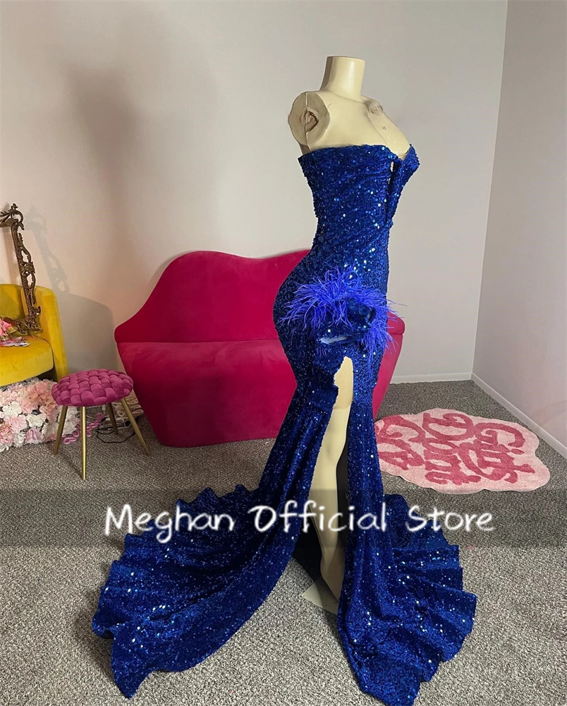 Royal Blue Sweetheart Long Prom Dresses Black Girls Sequin 2024 Birthday Luxury Dress Feather Graduation Gown Split Customized