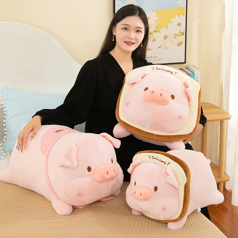 Big Pink Pig Lying Doll Toast Around the neck of Piggy Bib Kawaii Animal Plushie Peluche Girls Girlfriend Stuffed Cartoon Gift