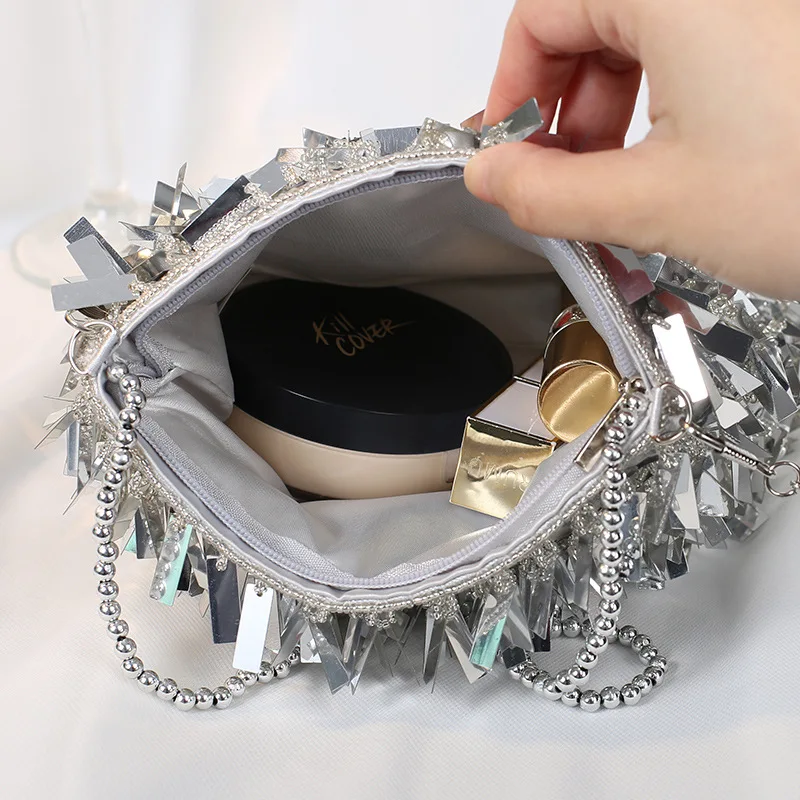Vintage Silver Hand Beading Sequined Bags Evening Party Clutch Purse Versatile Handbags with Beaded Handle Chain Shoulder Bags