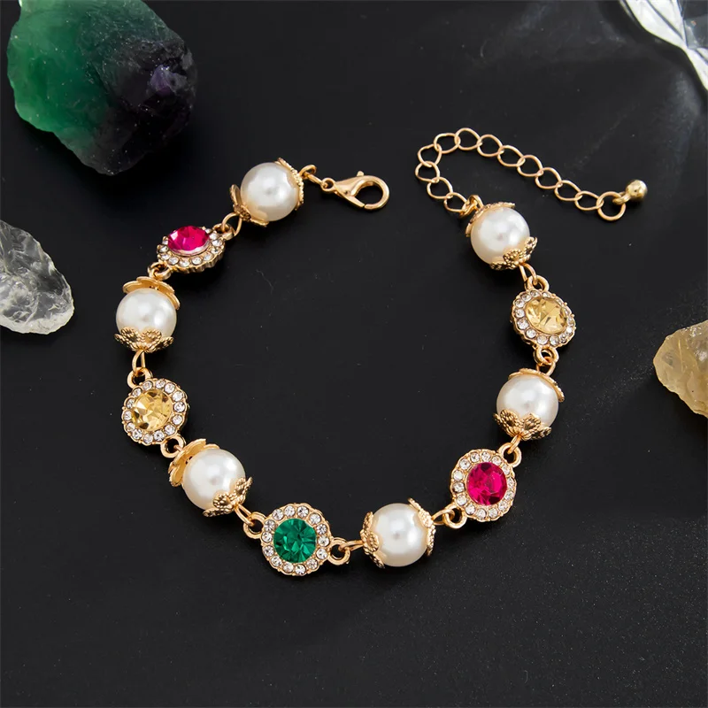

Luxury Colorful Rhinestone Round Bracelet for Women Exquisite Imitation Pearl Chain Bracelet Party Wedding Bridal Jewelry Gifts