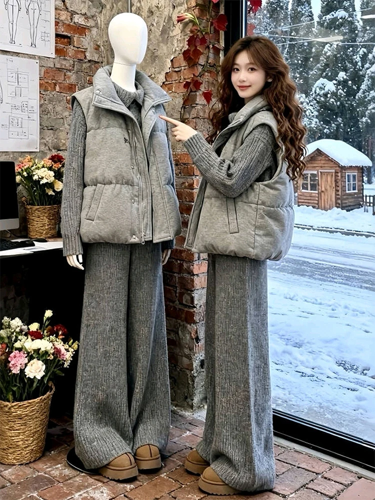 

Корейский повседневный вязаный свитер, жилет, прямые брюки, комплект, женский зимний комплект больших размеров, утягивающий модный костюм, футболка