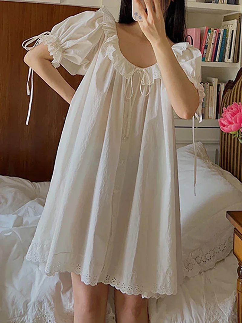 Women Summer Pure Cotton French Fairy Sweet Princess Nightgowns Short Sleeve Loose Nightdress Sleepwear Victorian Vintage Pajama