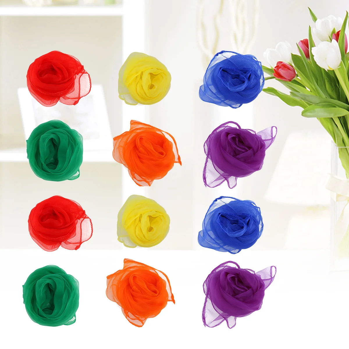 

12Pcs Bright Colored Dance Scarves 60x60cm Lightweight Juggling Props for Childrens Group Performance Bag Decoration Sun