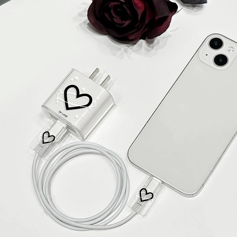 3PCS Black Heart Case For 18/20w Charger Protective Case Is Applicable 13/15 To Data Cable Head  Protector Fast Charger Head