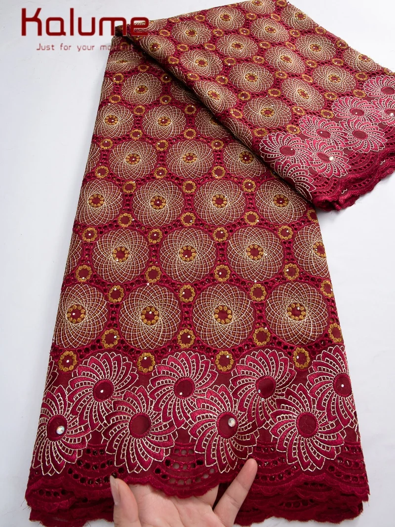

Kalume Latest African Swiss Cotton Lace Fabric Embroidered Swiss Voile Lace in Switzerland with Stones for Nigerian Dress F4320