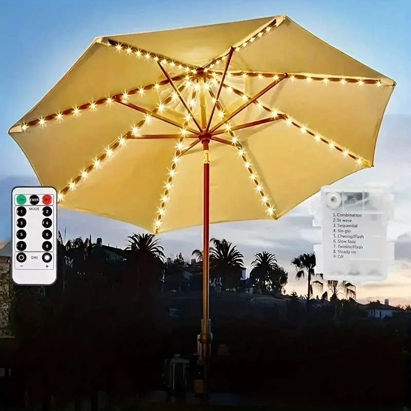 Guarda-chuva LED impermeável Iluminação exterior, Controlo remoto, A pilhas, Pátio, Pátio, Decoração do jardim, 104 LED, 8 Modo