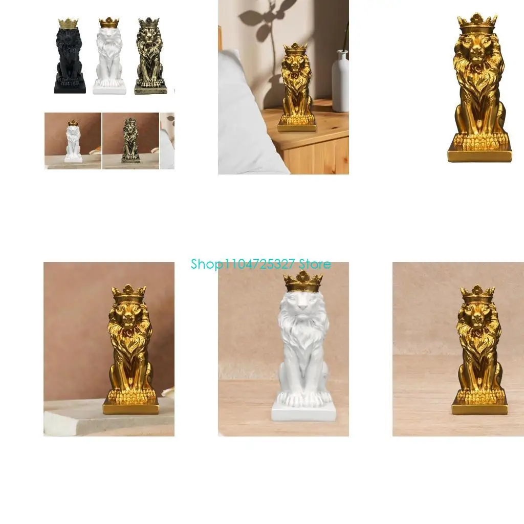 D8KF Lion Crowned Statue Table Decoration Handmade Desk Resin Ornament 14.5cm Tall for Wine Cabinet and Home Decoration