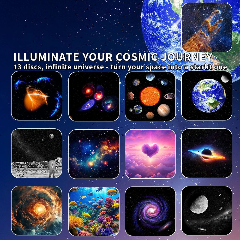 جهاز عرض جالاكسي 13 في 1 ضوء ليلي عالي الدقة على شكل نجمة القبة السماوية مع كوكبة النظام الشمسي والقمر لغرفة نوم الأطفال والكبار