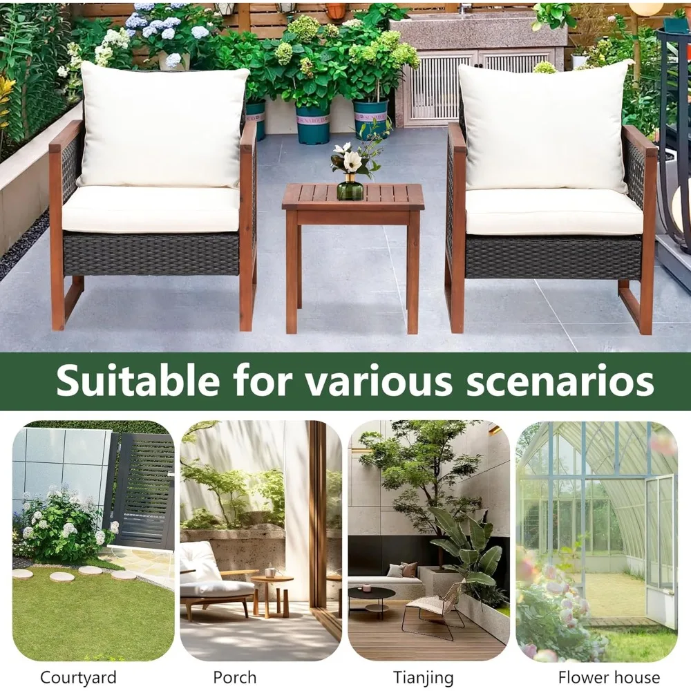 Conjunto de móveis para pátio externo, conjunto moderno de conversa de bistrô de vime com estrutura de madeira de acácia, mesa de centro, almofadas resistentes à água