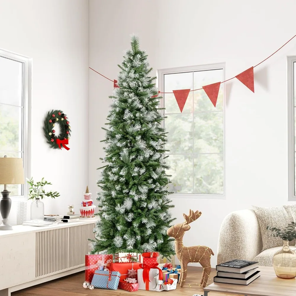 

7.5 FT Pre-Lit Flocked Pencil Christmas Tree, Hinged Artificial Xmas Tree with Pine Needles, 820 PE PVC Branch Tips