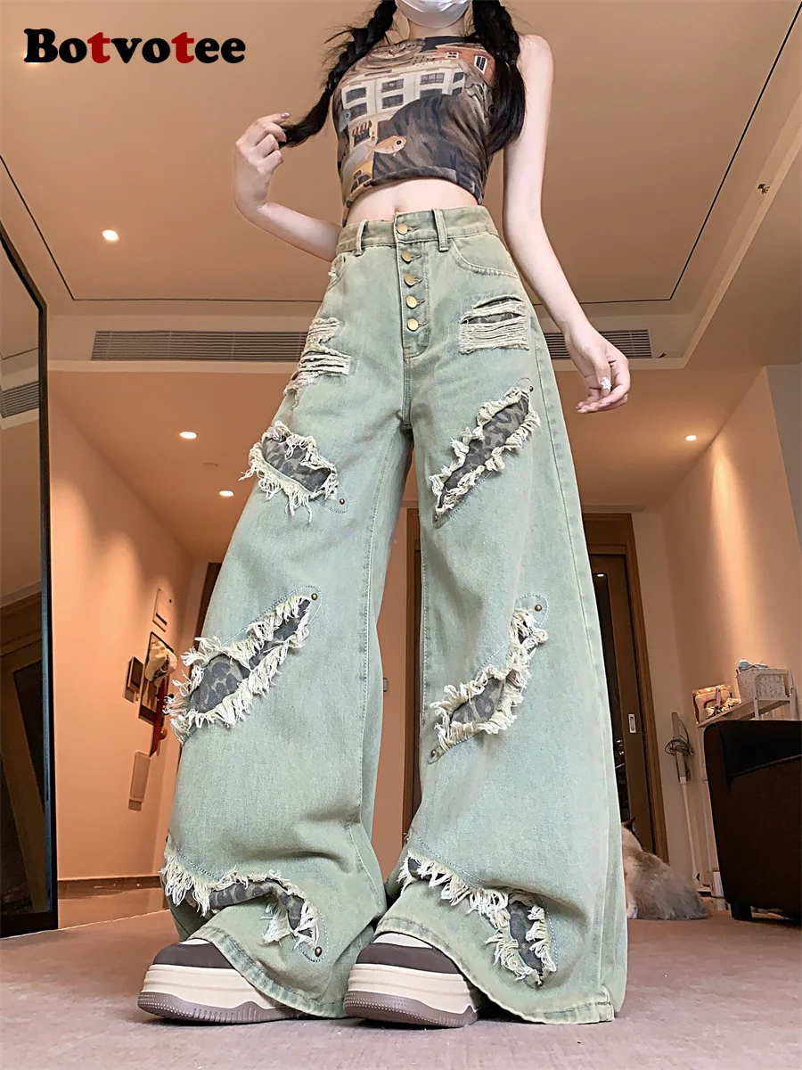 

Джинсы в стиле пэчворк с пуговицами и принтом гепарда, потертые широкие расклешенные брюки с необработанным подолом и винтажная стирка Y2K Streetwear Drag Hem Denim