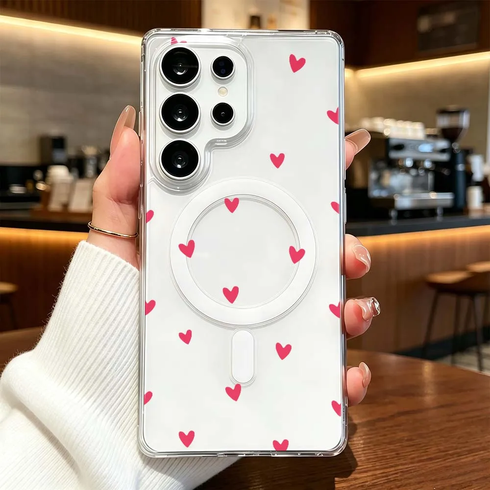 Red Heart Pattern For Samsung Galaxy S26 S25 S24 S23 S22 S21 Ultra FE Plus Transparent Magnetic Phone Case Cover