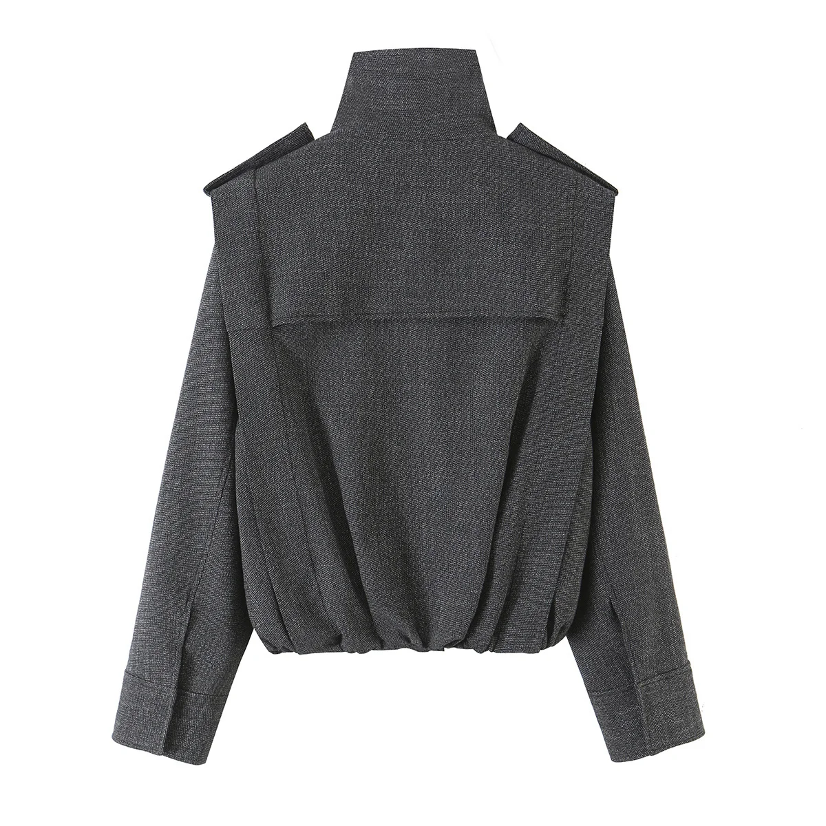 Damenjacken mit Stehkragen, unregelmäßigem Metallreißverschluss, lässig, trendig, kurz geschnitten, Streetwear, modische, lockere, einfarbige Langarmjacke – Detail 3