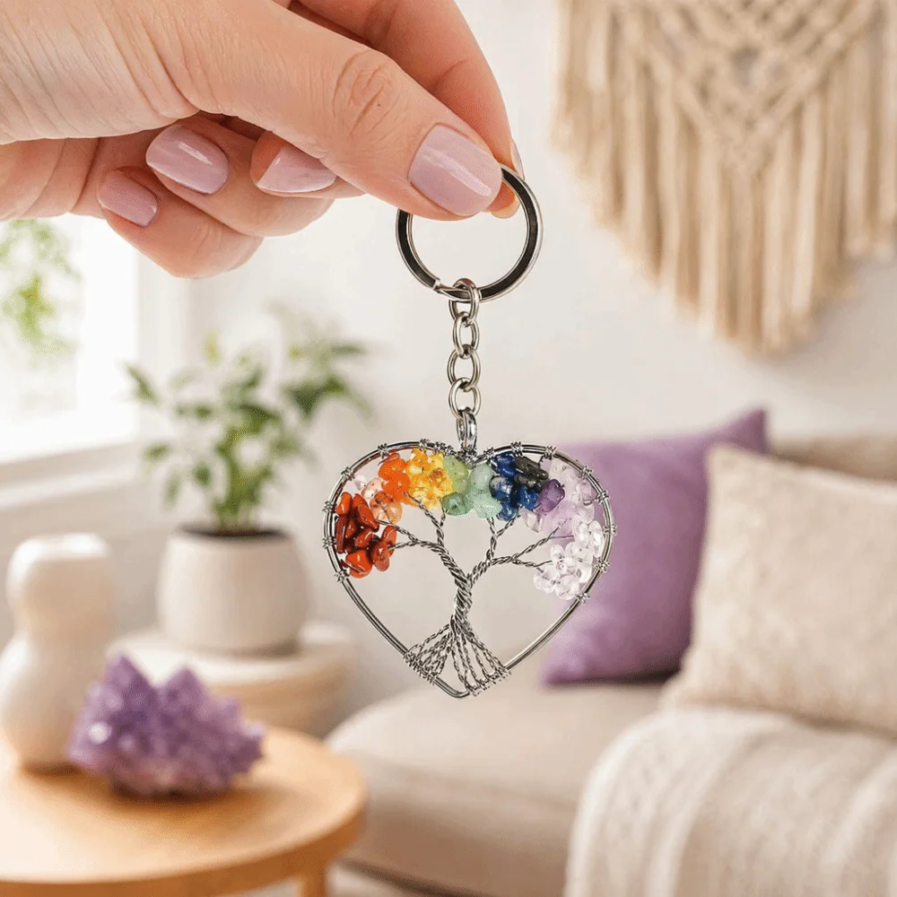 Red Jasper Tree of Life Keychain Clear Quartz Aventurine Rainbow Stone Pendant Colorful Heart Natural Crystal Keyring Unisex