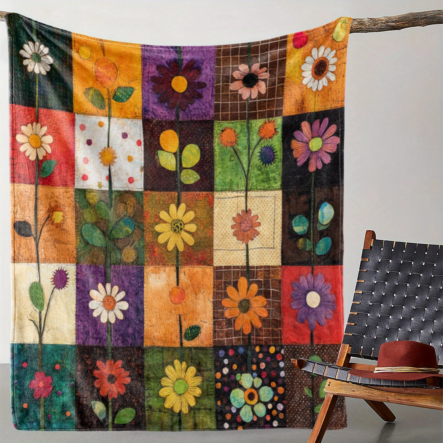 Retro Patchwork Flower Print Blanket, Colorful Grid Daisy Art Soft Flannel Blanket for Home Bed Travel Holiday Special Nice Gift
