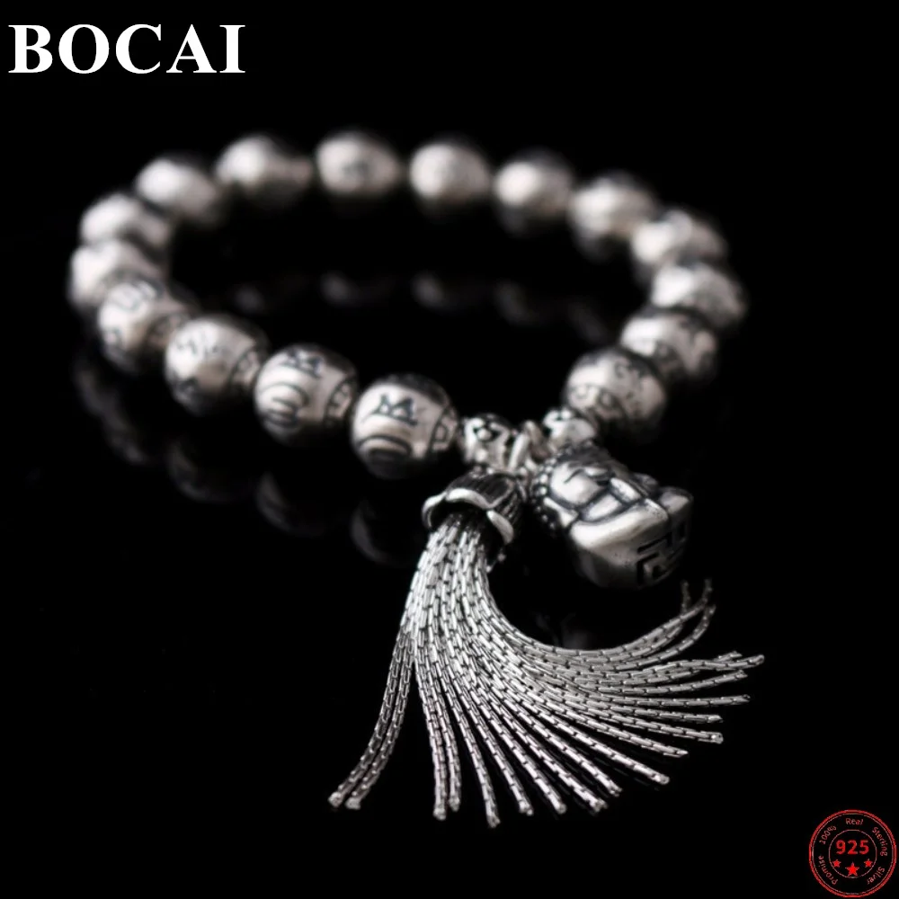 BOCAI S925 Sterling Silver Bracelet 10mm Buddha Beads Six Character Mantra Sakyamuni 2023 New Fashion Pure Argentum Hand String