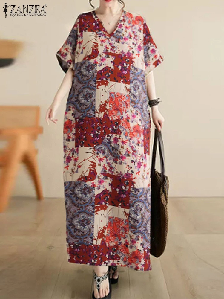 

2025 ZANZEA Plus Size Women Dresses Vintage Summer Half Sleeve Floral Print Long Maxi Dress Fashion Casual V Neck Loose Sundress