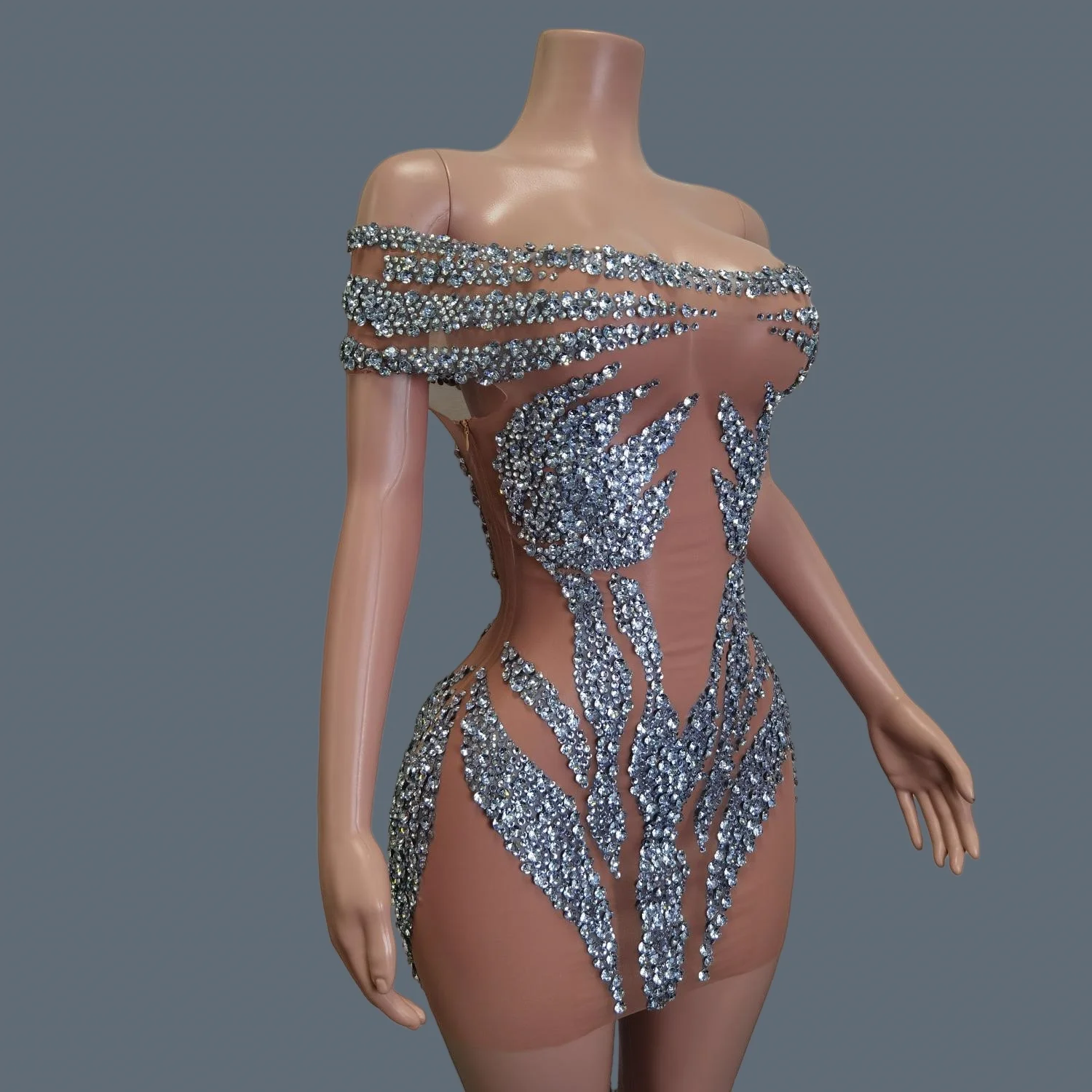 

Sparkly Rhinestone See Through Mesh Sexy Off shoulde Mini Dress Women Club Birthday Night Party Outfit Photo Shoot Wear Xuelian