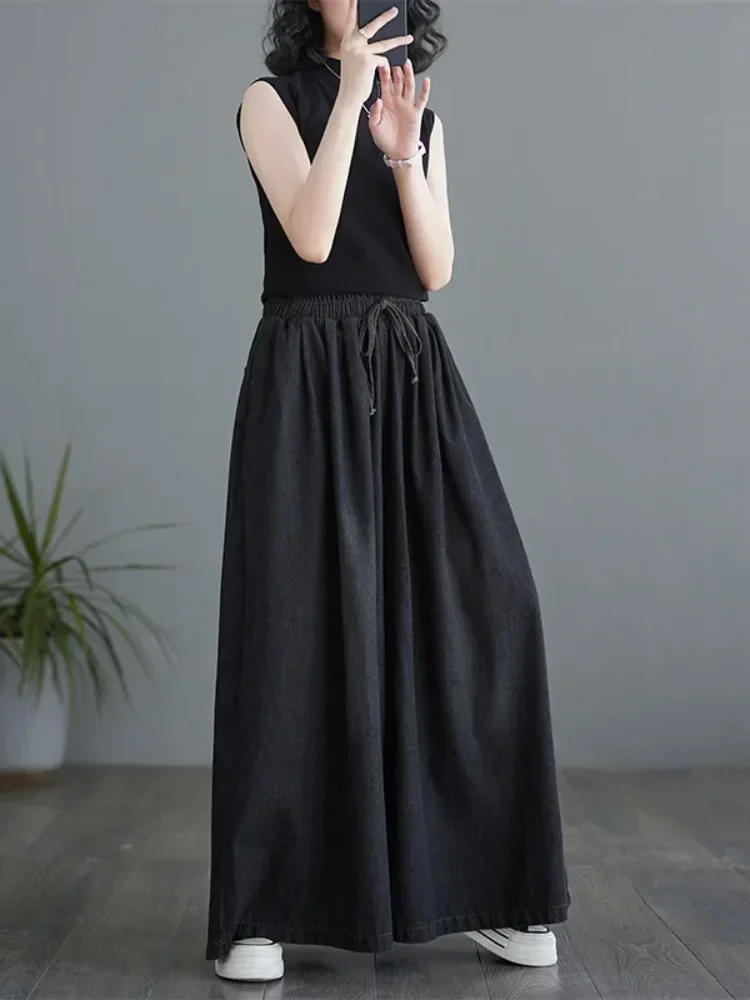 

Wide Leg Relax Denim Pants Women Fashion Elastic Waist Solid Color Simple Baggy Casual Jeans Female Vintage Streetwear XT777