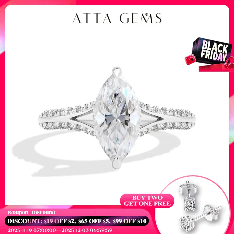 

ATTAGEMS Изысканные кольца с муассанитом 2 карата, серебро 925 пробы, позолоченное 18 карат, свадебное обручальное кольцо для женщин, роскошные ювелирные изделия