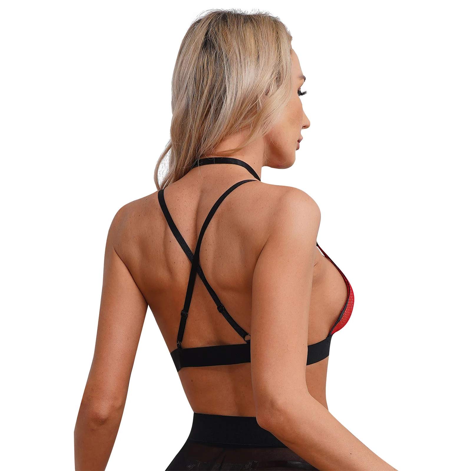 Womens Fishnet Hollow Out Bra Halter Neck Adjustable Straps Triangle Cup See-Through Bra Tops Clubwear Swimsuit Crop Top