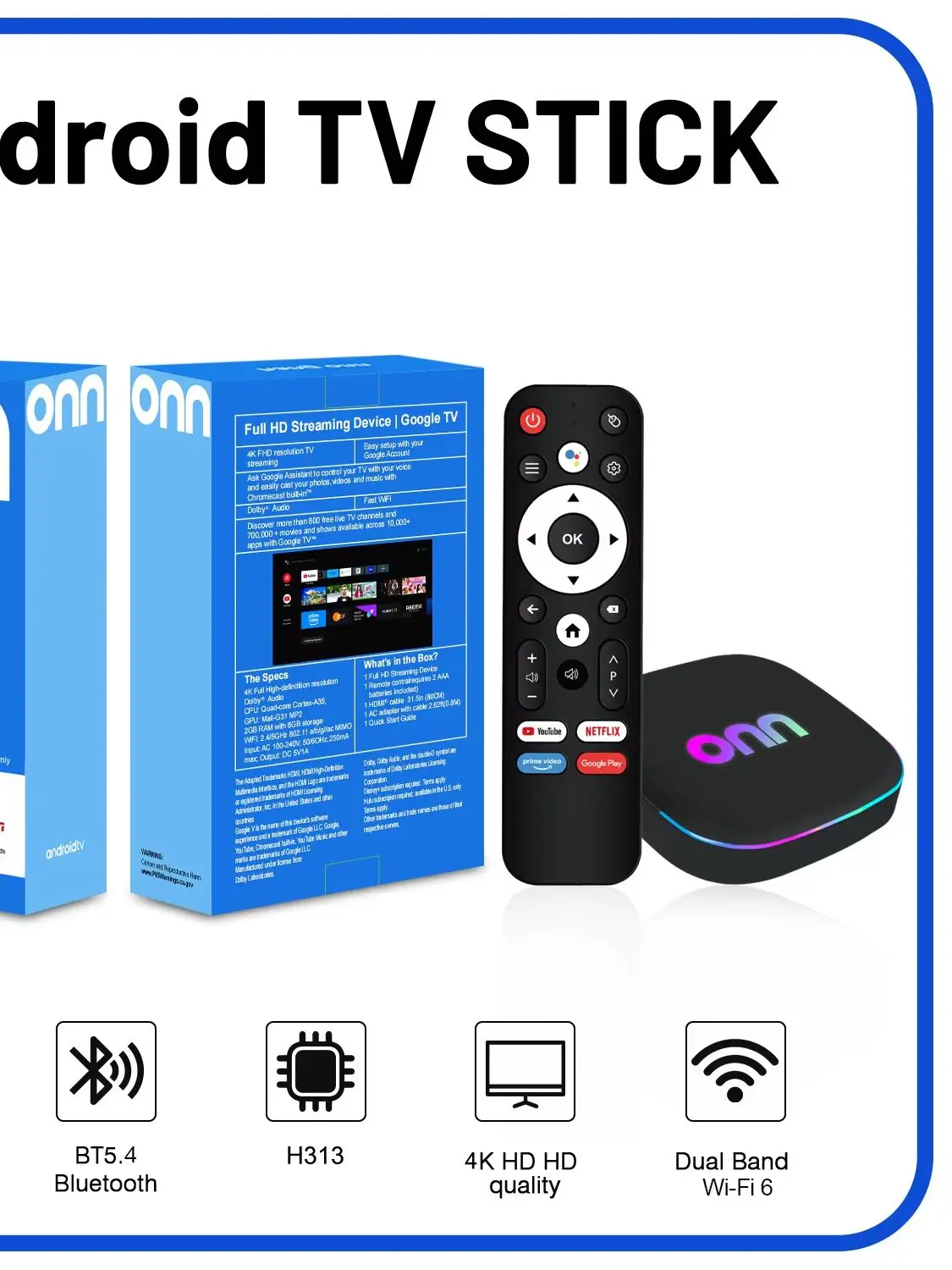 Onn 4K Android 13 Smart TV Box 4K Quad Core Set-Top Box 5G Connectivity 8GB128G Voice Remote do odtwarzania multimediów w trybie streamingu — zdjęcie produktu 6