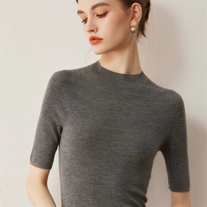 

Осенний женский пуловер из 100% шерсти Yangtze, французский минималистичный однотонный вязаный свитер с короткими рукавами и высоким воротником, облегающие топы